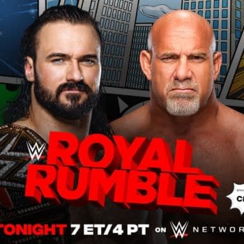 Match graphic for Drew McIntyre vs. Goldberg at the WWE Royal Rumble