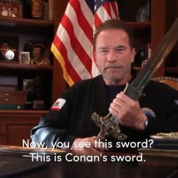 Arnold Schwarzenegger picks up the sword of Conan the Barbarian to defend America