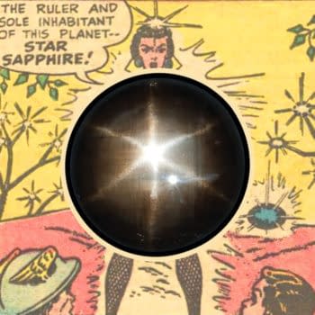 Background: Panels from All-Flash #32, DC Comics 1947/48, first appearance of Star Sapphire. Inset: A star sapphire gemstone, photo by Radiumgirls / Shutterstock.com.