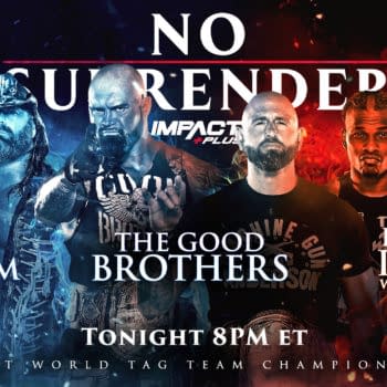 Impact No Surrender Match Graphic for the triple threat Impact Tag Team Team Championship match, in which The Good Brothers defend against Private Party and Chris Sabin & James Storm.