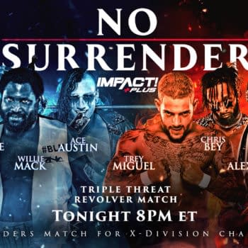 Impact No Surrender Match Graphic for the Triple Threat Revolver match featuring Daivari, Suicide, Willie Mack, Ace Austin, Trey Miguel, Chris Bey, Josh Alexander, and Blake Christian