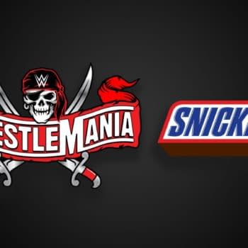 The logos for Snickers and WrestleMania together on a black background, showing off WWE's incredible graphic design department.