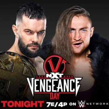 Match graphic for Finn Balor vs. Pete Dunne for the NXT Championship at Vengeance Day