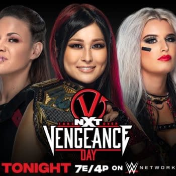 Match graphic for Io Shirai vs. Mercedes Martinez vs. Toni Storm for the NXT Womens Championship at NXT Takeover Vengeance Day