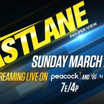 Official announcement graphic for WWE Fastlane, streaming on March 21st on Peacock and the WWE Network.