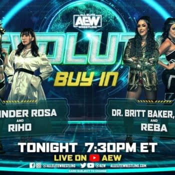 Match Graphic for Thunder Rosa and Riho vs. Dr. Britt Baker and Rebel at the Buy-In pre-show for AEW Revolution.