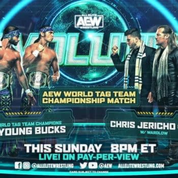 Match graphic for Chris Jericho and MJF vs. The Young Bucks for the AEW Tag Team Championship at AEW Revolution
