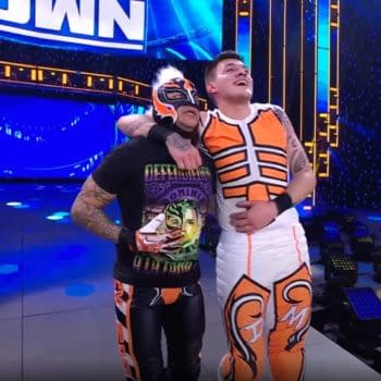 Rey and Dominik Mysterio Celebrate After Their Victory on WWE Smackdown.