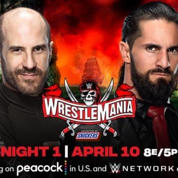 Match graphic for Cesaro vs. Seth Rollins at WWE WrestleMania.
