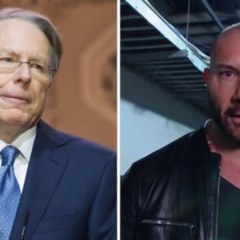 Dave Bautista has no love for NRA head Wayne LaPierre. Photo of the lizard person on the left: Christopher Halloran / Shutterstock.com