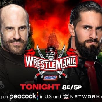 Cesaro will face Seth Rollins in Cesaro's first-ever one-on-one match at WrestleMania tonight at WrestleMania Night 1. [Match graphic: WWE]