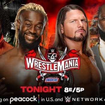 AJ Styles and Omos will team up in an attempt to win the Raw Tag Team Championships from The New Day at WrestleMania Night 1. [Match graphic: WWE.]