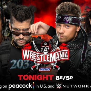 Bad Bunny will team with Damian Priest to face The Miz and John Morrison at WrestleMania Night 1 tonight. [Match graphic: WWE.]