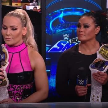 Natalya and Tamina celebrate their WWE Smackdown title win on Talking Smack