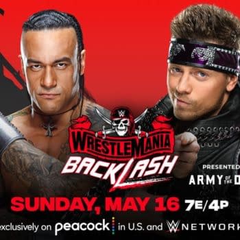 WWE WrestleMania Backlash match graphic: Damian Priest vs. The Miz in a lumberjack match
