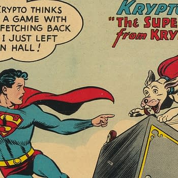Adventure Comics #210 featuring Krypto: A vintage comic illustration featuring a superhero resembling Superman in a blue costume with a red cape, pointing and looking concerned. A white dog with a red cape labeled Krypto is energetically retrieving a safe.