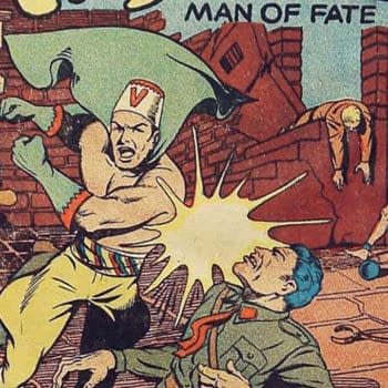 Kismet, Man of Fate title splash from Bomber Comics #1, (Elliot, 1944).