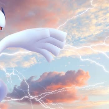 A portrait of the Pokémon Lugia flying with a blue sky background