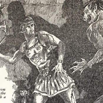 Title page illustration for "The Phoenix on the Sword" in the December 1932 Weird Tales featuring the first appearance of Conan. Artwork by J.M. Wilcox.