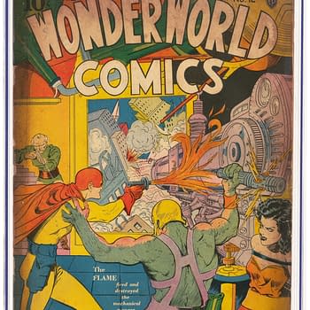 A colorful comic cover from Wonderworld Comics #12, featuring superheroes in action. The cover displays dynamic illustrations of characters battling against a mechanical threat, with vibrant colors and dramatic poses.