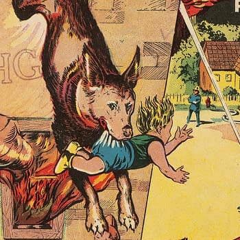 An illustration from Blue Ribbon Comics #2 featuring a heroic dog rescuing a child from a burning building. Firefighters and a vintage fire truck are visible in the background, showcasing a scene of rescue and adventure.