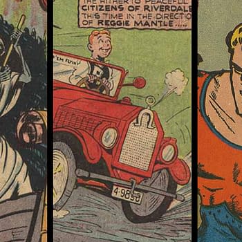 Jackpot Comics #6 (MLJ, 1942). Early Archie Andrews appearance. A collage of illustrations from 'Jackpot Comics #6', featuring a ghostly figure in a hooded cloak, a cartoon character driving a vintage car with a smile, and a muscular superhero expressing anger. The vibrant comic art showcases various themes from the issue.