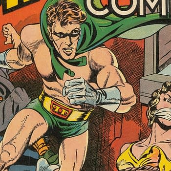 Champion Comics #10 (Harvey, 1940). A vintage comic book cover from 'Champion Comics', featuring a muscular hero in a green cape, running to rescue a distressed woman tied up and gagged. In the background, an assailant is seen. The colors are vibrant, emphasizing the tense situation.
