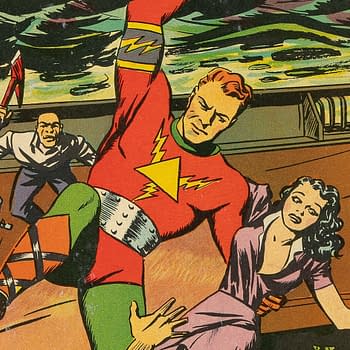 A colorful comic book cover featuring a superhero in a red and green costume with lightning motifs, confronting villains in a dramatic scene. The superhero is saving a woman while others are armed in the background.