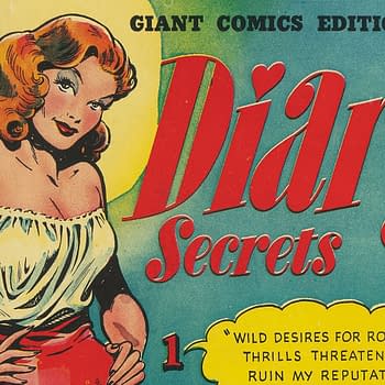 A comic book cover for 'Giant Comics Editions #12' featuring a glamorous, red-haired woman in a white off-the-shoulder top, posing confidently. The title 'Diary Secrets' is prominently displayed in bold red text, alongside a tagline about romantic thrills.