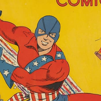 Our Flag Comics #2 (Ace, 1941). A vibrant comic book cover features a muscular superhero, The Flag, wearing a blue mask and red shirt adorned with stars. He is energetically flying while holding a large star-spangled banner, with vintage aircraft battling in the background against a bright yellow backdrop.