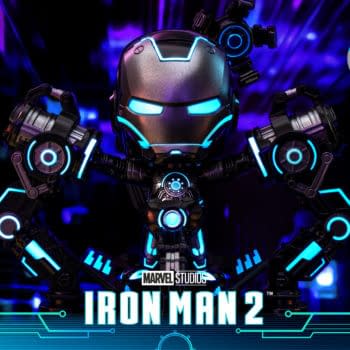 Neon Iron Man with Suit-Up Gantry Cosbaby Figure Coming from Hot Toys 