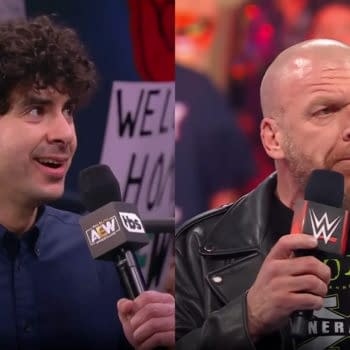 On the left, AEW owner Tony Khan, and on the right, WWE Head of Creative Triple H