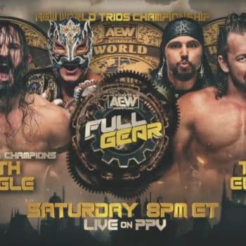 Graphic that aired on AEW Dynamite confirming The Elite returning to face Death Triangle at Full Gear