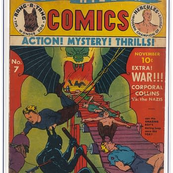 The cover of Blue Ribbon Comics #7, featuring vibrant illustrations of various characters in action. The design includes a heroic figure and scenes of conflict with a dragon-like monster, indicative of adventure and suspense themes.