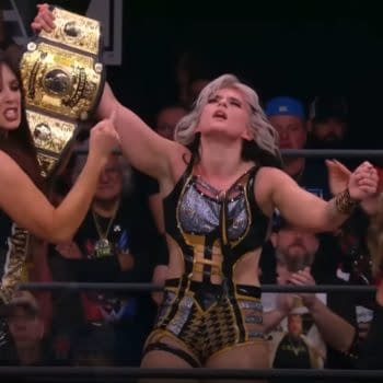 Jamie Hayter celebrates a victory on AEW Rampage with Rebel and Britt Baker