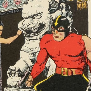 Vintage comic-book illustration of Spark Man in a red costume and black mask standing beside a woman and a white stone lion. The scene suggests a classic pulp superhero adventure tied to static electricity.