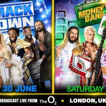 Official promo graphic for WWE Smackdown and Money in the Bank at the O2 Arena in London on June 30th and July 1st