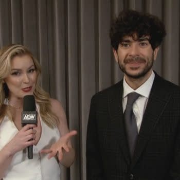 Believe it or not, this is not Tony Khan's prom photo. Khan is being interviewed by Renee Paquette on AEW Dynamite.