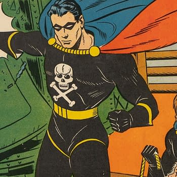 Exciting Comics #9 (Nedor Publications, 1941) featuring the first appearance and origin of the Black Terror. A vintage comic book illustration featuring a superhero in a black outfit with a skull logo and a flowing cape, surrounded by a young sidekick and other characters. The background includes stylized elements enhancing the action scene.