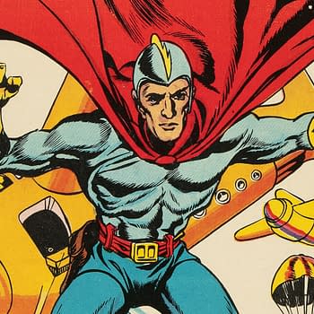 A vintage comic book cover featuring a superhero named Blue Bolt. He has a muscular build, wears a blue suit with a red cape, and strikes a dynamic pose against a colorful background with flying objects.