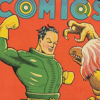 A vibrant comic book cover featuring a muscular hero in a green costume and yellow gloves facing off against a menacing creature with large claws and a monstrous head. The bold title 'COMICS' is displayed prominently at the top with a bright orange background.