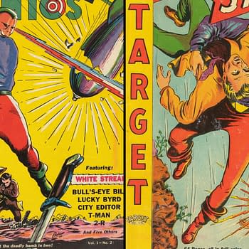 Target Comics #5 (Novelty Press, 1940) featuring White Streak. A colorful comic book cover featuring two characters engaged in action. One character, wearing a helmet and bright red pants, is aiming a weapon, while another character in an orange shirt is being thrown, surrounded by explosive graphic elements.
