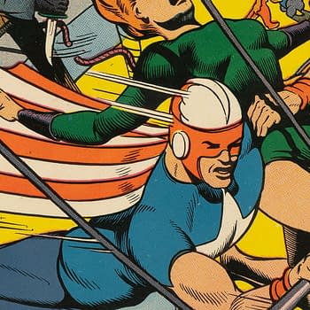 A colorful illustration from a comic book featuring two superheroes in dynamic action poses, with one character wearing a striped cape and the other in a green suit. The background is vibrant and filled with various comic-style elements, adding to the sense of adventure.