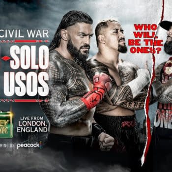 WWE Money in the Bank match graphic: Roman Reigns and Solo Sikoa vs. The Usos in Bloodline Civil War