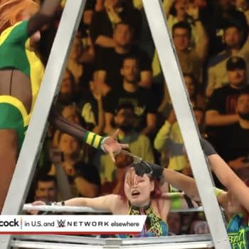 Iyo Sky handcuffs Becky Lynch and Bayley in the Money in the Bank ladder match