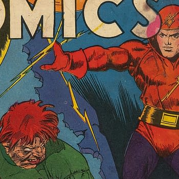A vintage comic book cover from 1940 features a dynamic illustration of a superhero in a red costume with lightning motifs, confronting a green-skinned character with red hair. The backdrop includes blue lightning bolts, enhancing the action scene.