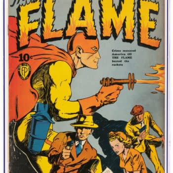 The Flame #1 (Fox, 1940). A vintage comic book cover titled 'The Flame #1,' featuring a muscular superhero in a red cape and mask, holding a weapon. The background depicts a dramatic scene with characters in 1940s attire, suggesting themes of crime and adventure.