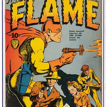 The Flame #1 (Fox, 1940). A vintage comic book cover titled 'The Flame #1,' featuring a muscular superhero in a red cape and mask, holding a weapon. The background depicts a dramatic scene with characters in 1940s attire, suggesting themes of crime and adventure.