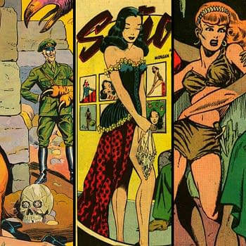 Fight Comics #40 (Fiction House, 1945) featuring Lily Renée's Señorita Rio and Matt Baker's Tiger Girl. A colorful illustration from World War II-era comics depicting Señorita Rio in various dramatic scenes, including a woman in chains, a soldier observing, and a fierce duel with another woman amidst jungle flames and skulls.