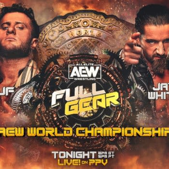 A graphic promoting AEW Full Gear and its main event title match between MJF and Jay White